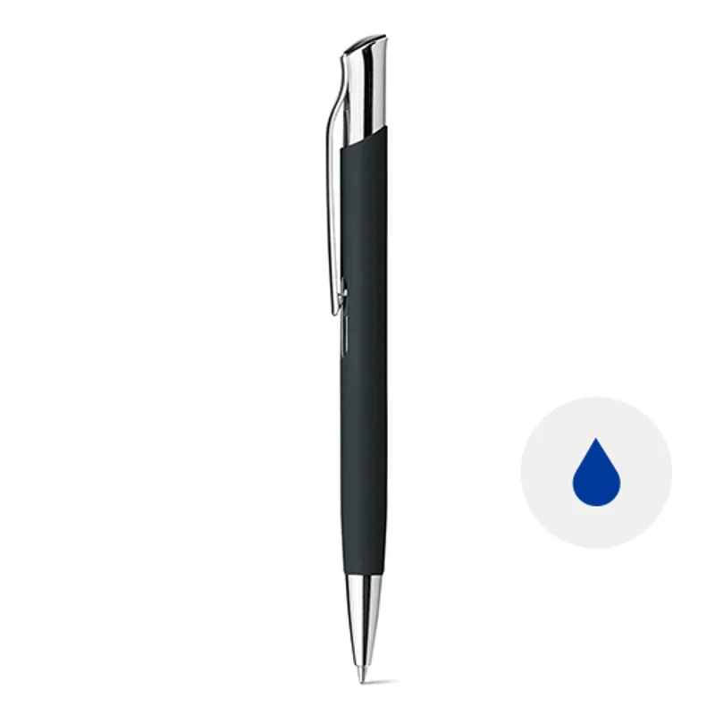 Penna a sfera in alluminio e finitura gommata in colori assortiti con meccanismo a scatto e refill blu