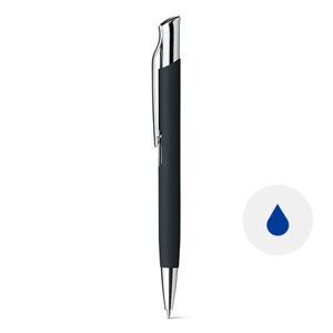 Penna a sfera in alluminio e finitura gommata in colori assortiti con meccanismo a scatto e refill blu