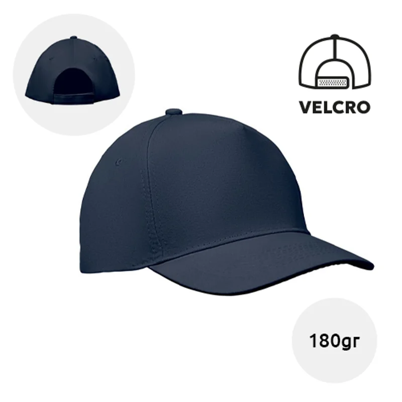 Cappellino con visiera in cotone 180gr a 5 pannelli con chiusura a velcro