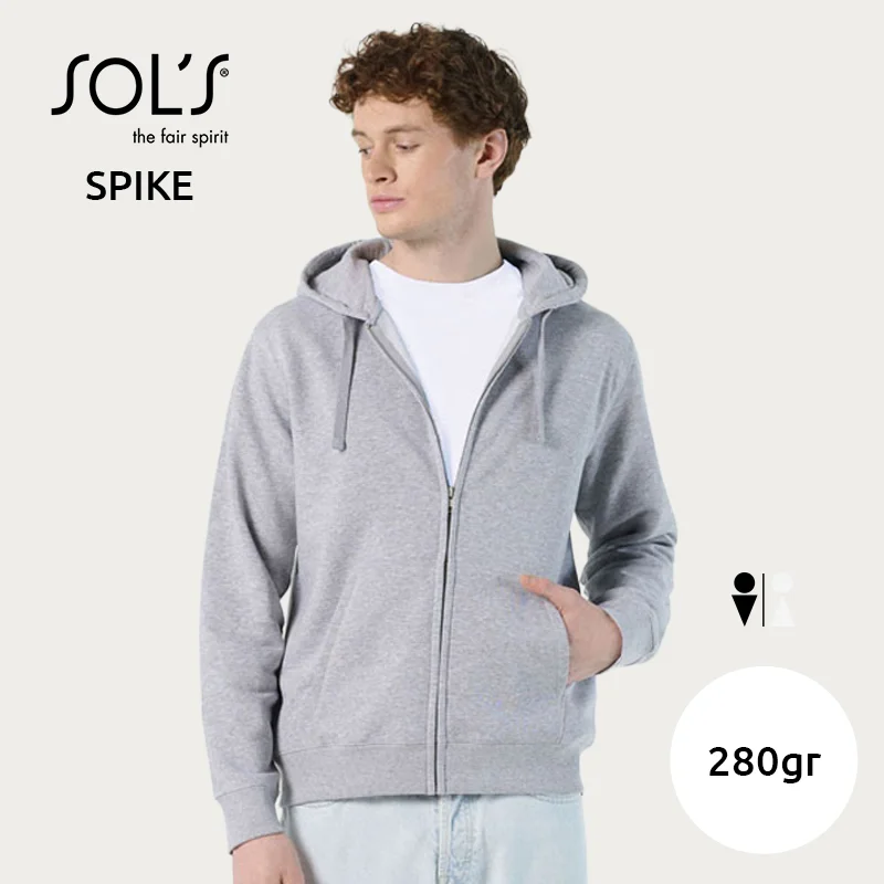 Felpa SOL'S SPIKE da uomo in cotone FLEECE e poliestere con cappuccio e tasche e chiusura a zip da 280gr