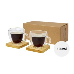 Set di 2 tazzine in vetro a doppia parete da 100 ml con sottobicchiere in bambù