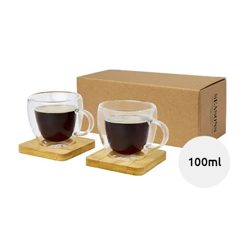 Set di 2 tazzine in vetro a doppia parete da 100 ml con sottobicchiere in bambù