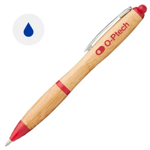 Penna a sfera in bambù e finiture in plastica colorata e clip cromata con meccanismo a scatto e refill blu