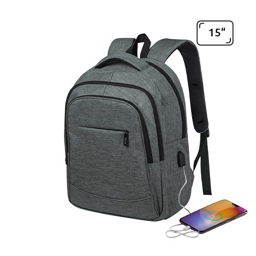 Zaino porta pc da 15" in poliestere 600D con connettore USB integrato per power bank e spallacci ergonomici