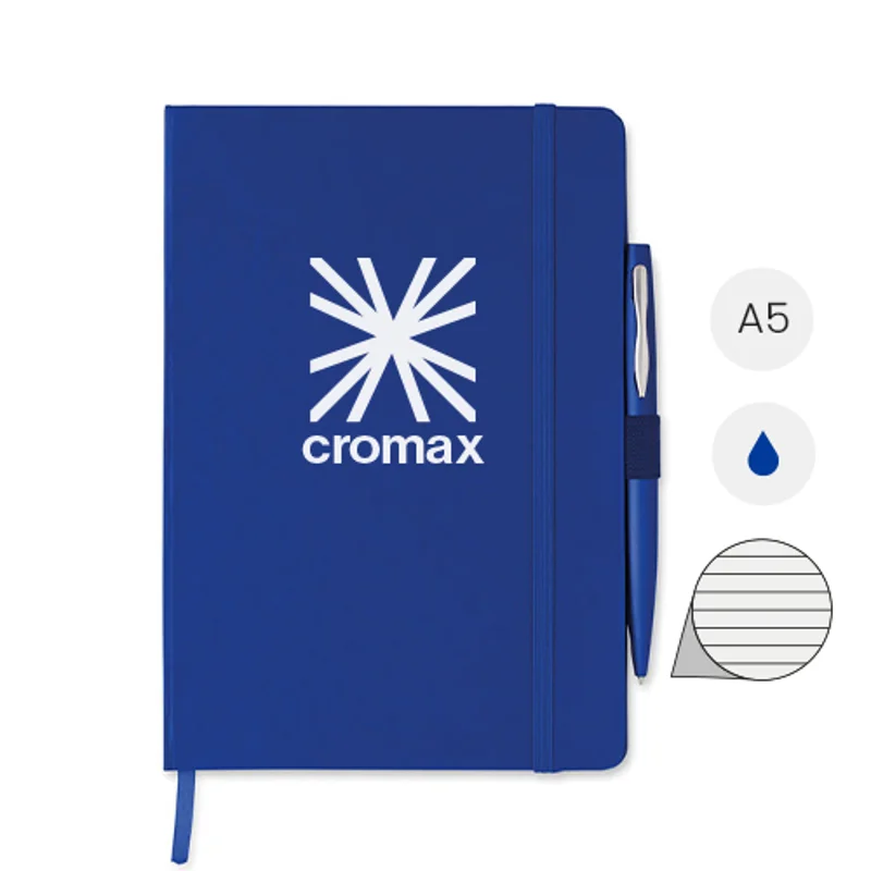 Block notes A5 con copertina rigida in PU 72 fogli a righe e penna in coordinato in refill blu