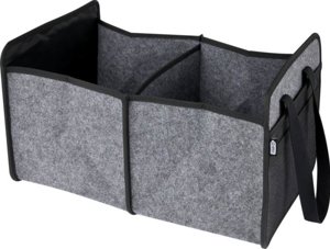 Organizer pieghevole per auto in feltro riciclato certificato GRS a 2 scomparti tasca in rete e 2 lunghi manici in cotone