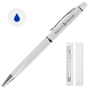 Penna a sfera in alluminio con punta touch con meccanismo a rotazione in confezione in cartoncino e refill blu