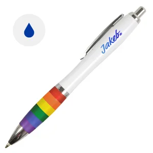 Penna in plastica ABS con fusto bianco impugnatura arcobaleno e refill blu