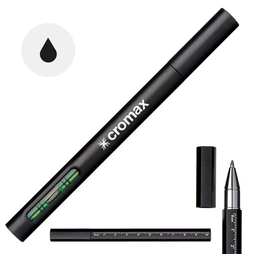 Penna in ABS riciclato con righello e livella a bolla refill nero