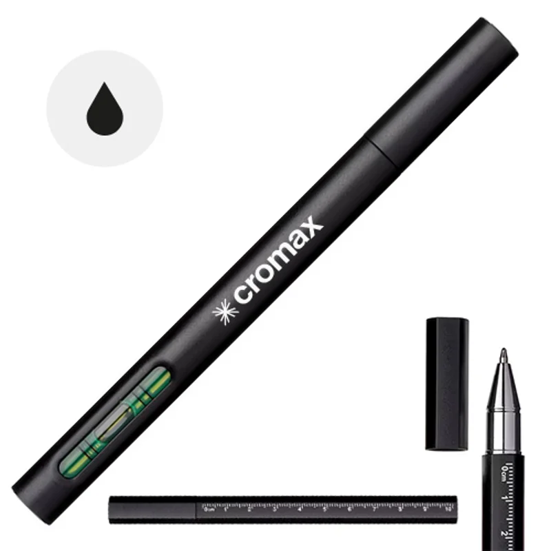 Penna in ABS riciclato con righello e livella a bolla refill nero