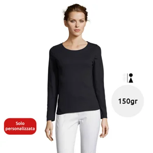 Maglietta da donna a maniche lunghe colori assortiti a girocollo taglio sfiancato 100% cotone semipettinato 150gr