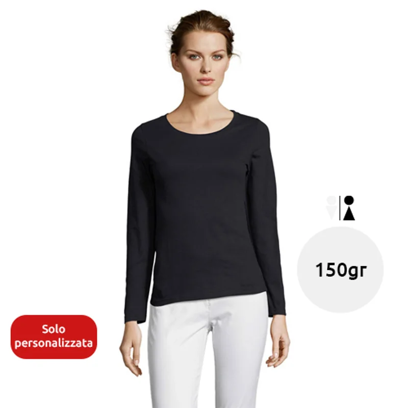 Maglietta da donna a maniche lunghe colori assortiti a girocollo taglio sfiancato 100% cotone semipettinato 150gr