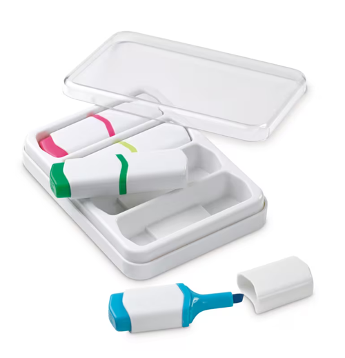 Set con 4 mini evidenziatori in comoda scatola con coperchio trasparente