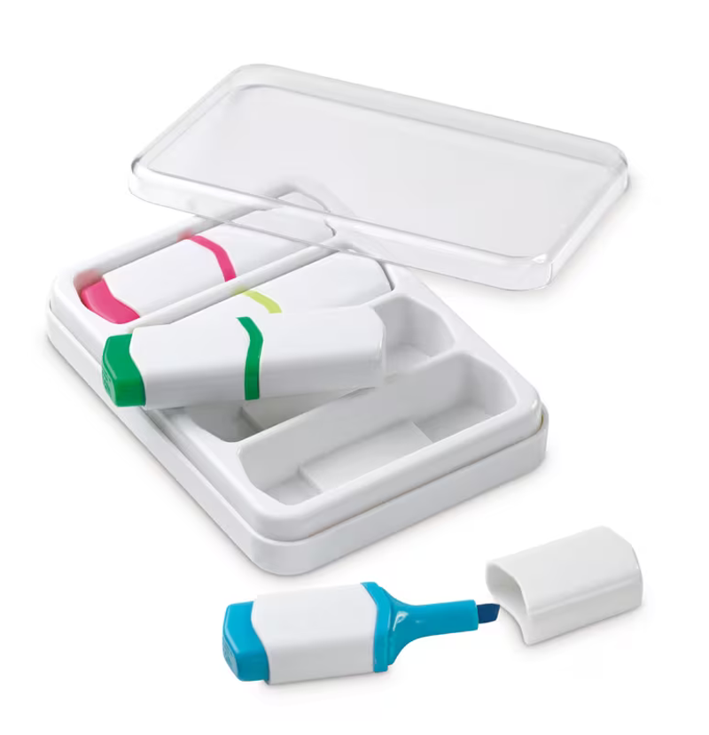 Set con 4 mini evidenziatori in comoda scatola con coperchio trasparente