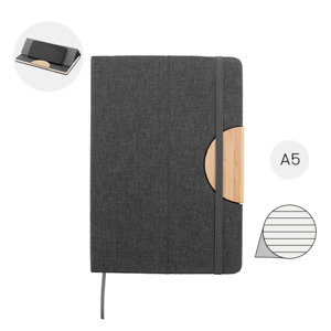Block notes A5 con copertina in RPET e 80 fogli a righe in carta riciclata con inserto in bambù portacellulare