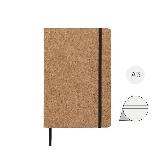 Block note A5 copertina in sughero 80 fogli a righe ed elastico nero