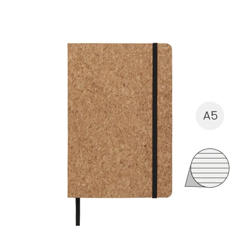 Block note A5 copertina in sughero 80 fogli a righe ed elastico nero