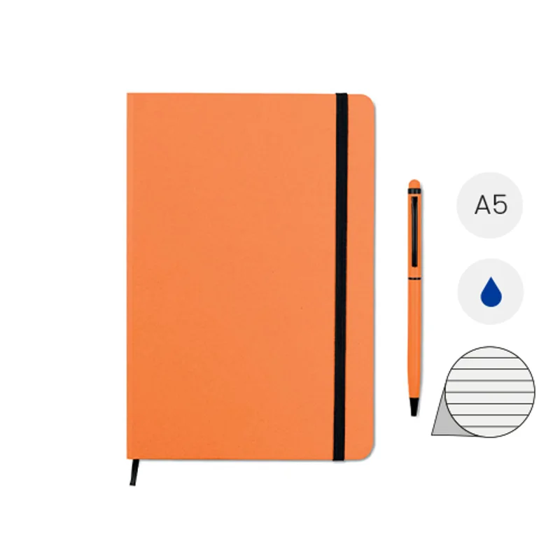 Set block notes A5 72 fogli a righe con penna sfera stilo touch screen refill blu cinturino e nastro abbinato