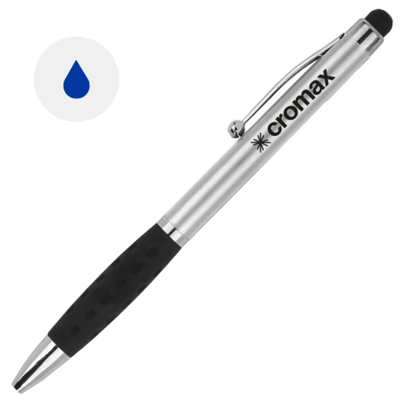 Penna a sfera in plastica disponibile in vari colori e impugnatura gommata e punta touch con meccanismo a rotazione e refill blu