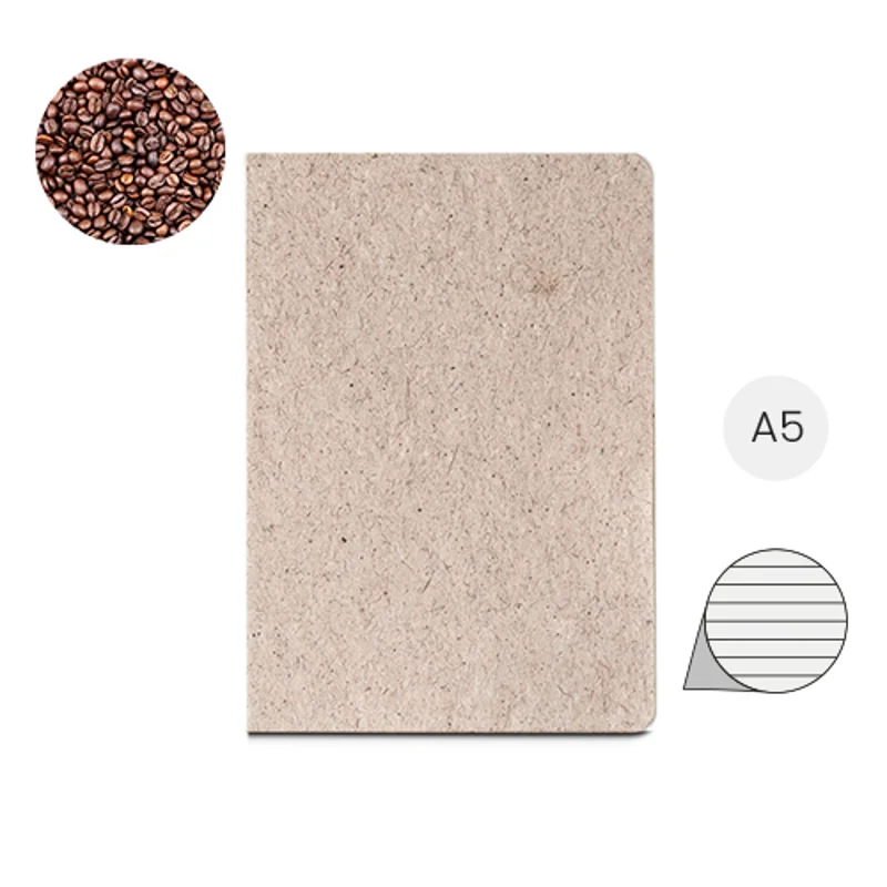 Block note A5 con copertina semirigida composta da carti della foglie di té e 100 pagine a righe prodotta con scarti di cotone