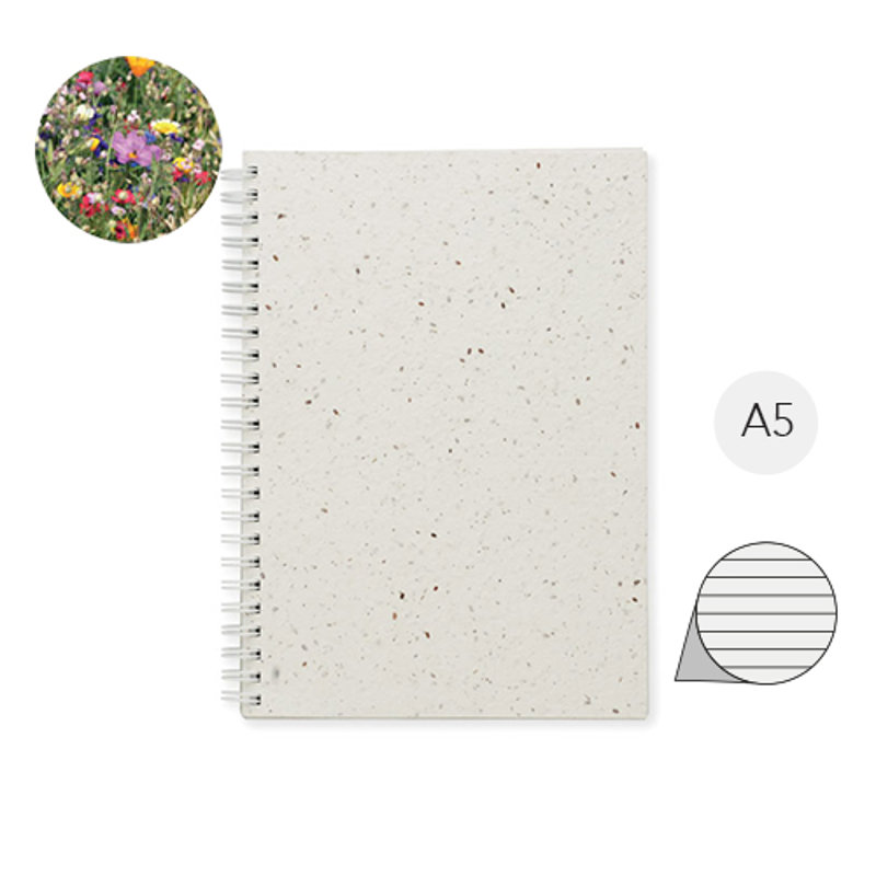 Block Notes A5 con copertina in carta di semi e 100 fogli a righe F/R in carta riciclata