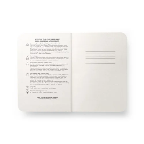 Block note A5 copertina semirigida composta da scarti della buccia di caffé e 100 pagine a righe prodotta con scarti di cotone