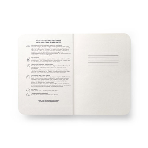 Block note A5 copertina semirigida composta da scarti della buccia di caffé e 100 pagine a righe prodotta con scarti di cotone