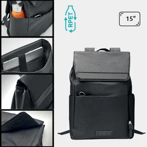 Zaino porta pc da 15" in RPET 600D con chiusura a bottone magnetico e tasche laterali