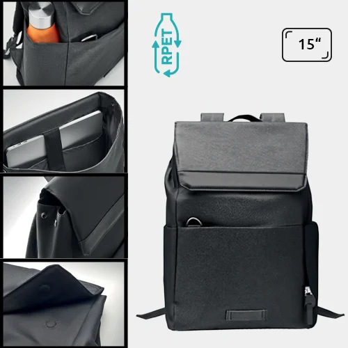 Zaino porta pc da 15" in RPET 600D con chiusura a bottone magnetico e tasche laterali