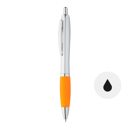 Penna a sfera in plastica con fusto in argento e impugnatura in gomma colorata con meccanismo a scatto e refill nero