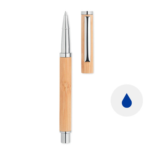Penna a sfera roller in bambù e finiture in acciaio a inchiostro gel blu