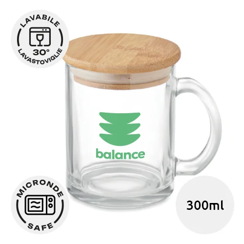 Tazza in vetro riciclato con coperchio in bambù da 300ml