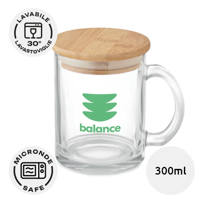 Tazza in vetro riciclato con coperchio in bambù da 300ml