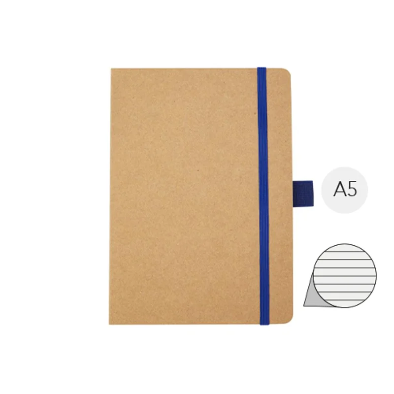 Block notes formato A5 in carta riciclata pagine a righe e angoli arrotondati elastico colorata e portapenne