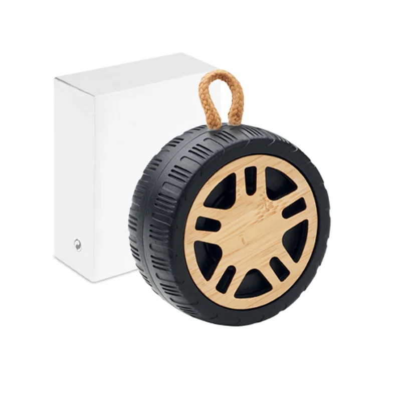 Cassa Wireless 5.3 in ABS riciclato con dettagli in bambù a forma di pneumatico