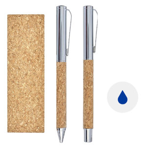 Set penne a sfera e roller in metallo e sughero in confezione regalo in sughero e refill blu