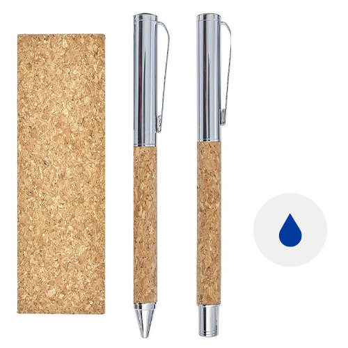 Set penne a sfera e roller in metallo e sughero in confezione regalo in sughero e refill blu