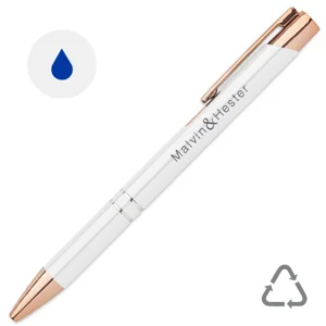 Penna a sfera in alluminio ririclato con dettagli color oro rosato refill blu