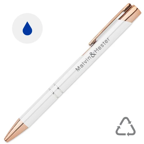Penna a sfera in alluminio ririclato con dettagli color oro rosato refill blu