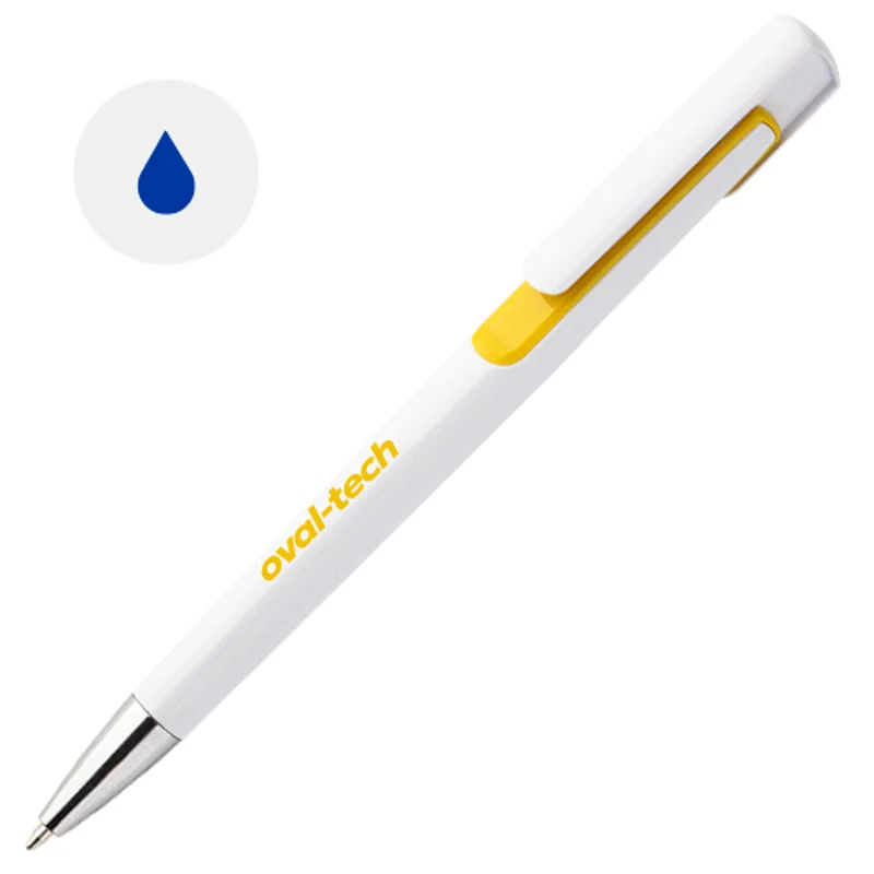 Penna a sfera in plastica bianca con particolari colorati e con meccanismo a scatto e refill blu