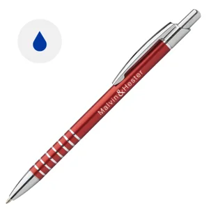 Penna a sfera in alluminio in colori assortiti e decorazione incisa ad anelli con meccanismo a scatto e refill blu