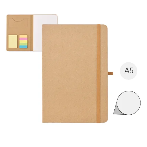 Block notes A5 in carta riciclata 80 fogli neutri e note adesive portapenne e chiusura con elastico