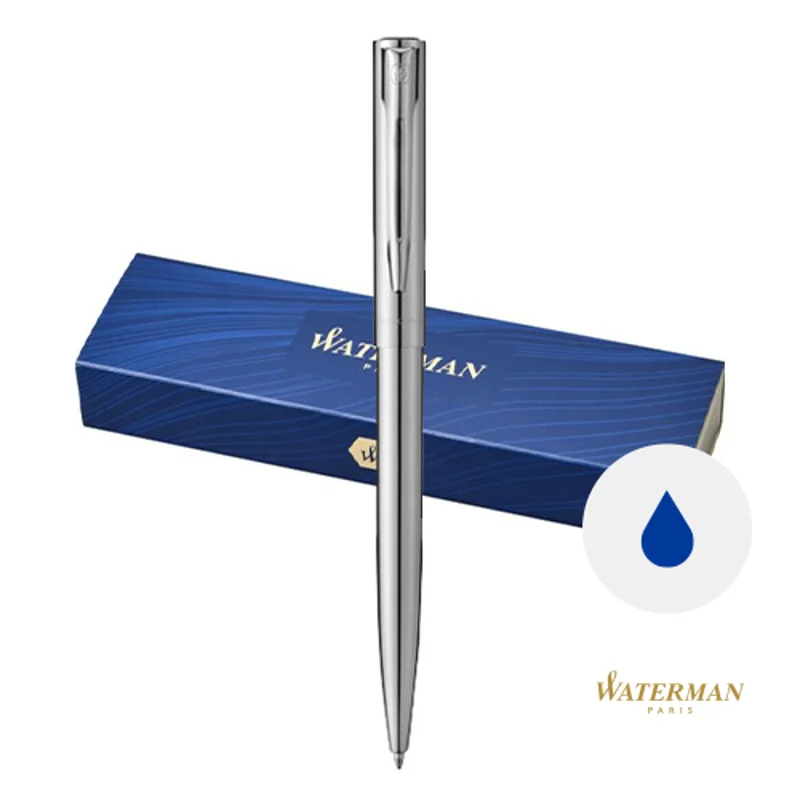 Penna a asfera a marchio Waterman in alluminio con meccanismo a rotazione in confezione regalo e refill blu