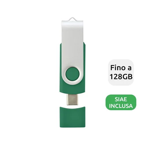 Chaivetta USB con meccanismo a rotazione e dobbiao conettore USB-C e USB-A disponibile da 1GB fino a 128GB