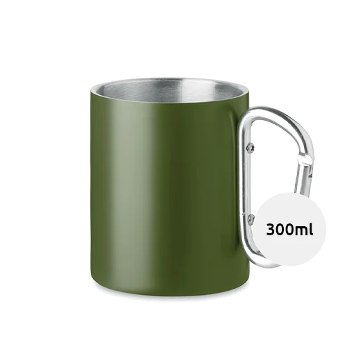 Tazza a doppio strato in acciaio inox con manico a moschettone da 300 ml.