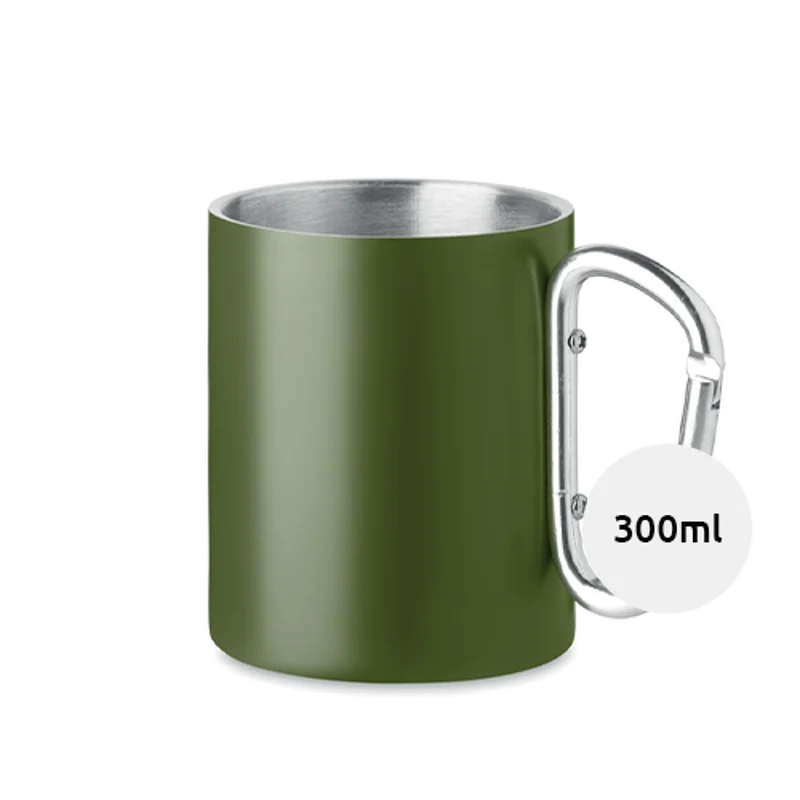 Tazza a doppio strato in acciaio inox con manico a moschettone da 300 ml.