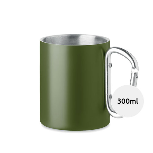 Tazza a doppio strato in acciaio inox con manico a moschettone da 300 ml.