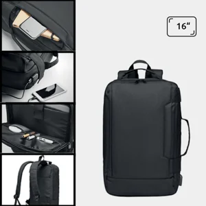 Zaino porta pc da 16" in poliestere riciclato 300D con spallacci imbottiti e cavo di ricarica USB