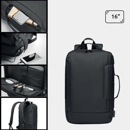 Zaino porta pc da 16" in poliestere riciclato 300D con spallacci imbottiti e cavo di ricarica USB