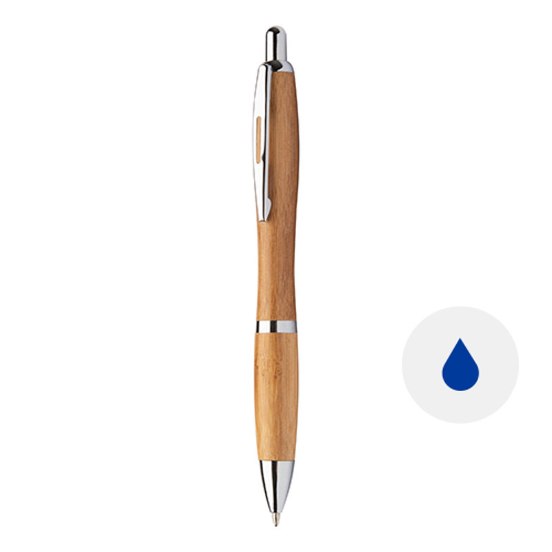 Penna a sfera in bambù e dettatgli in metallo con meccanismo a scatto e refill blu